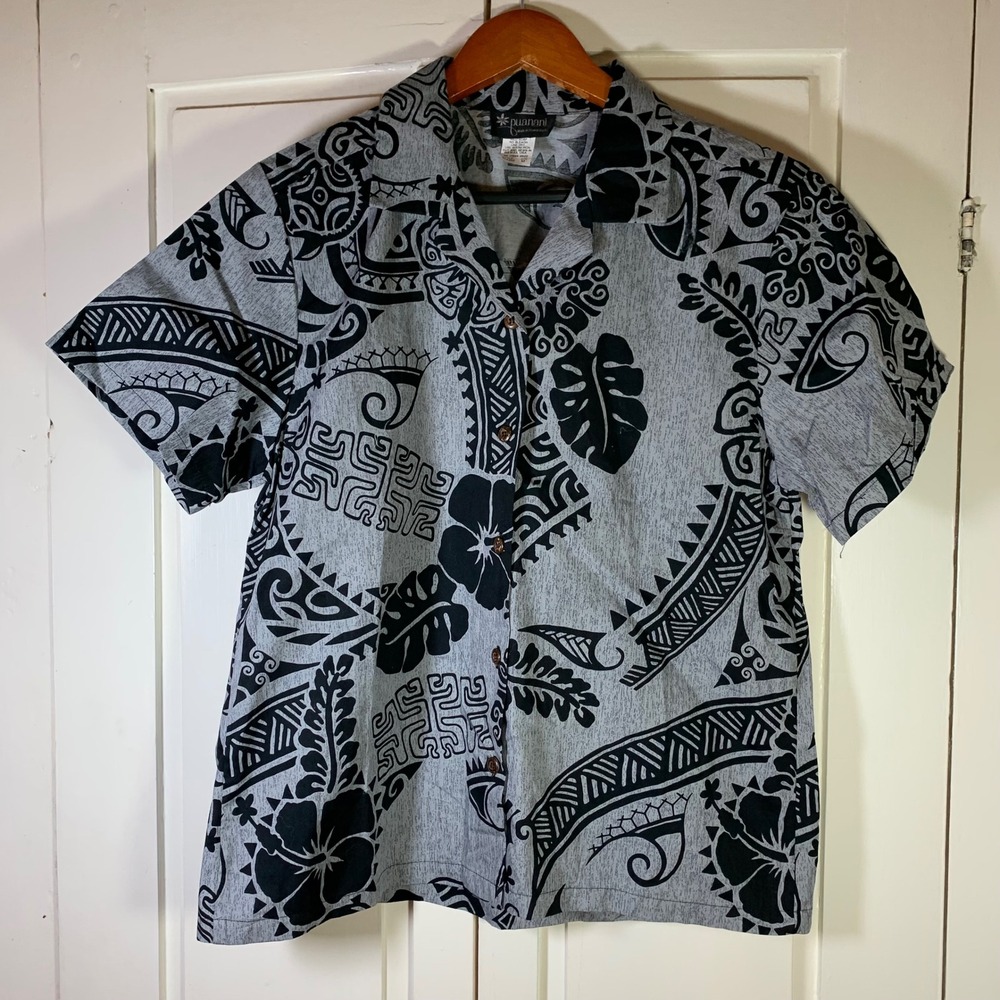 Puanani Made in Hawaii‎ Hawaiian Shirt Gray Black Floral Tribal Print Medium